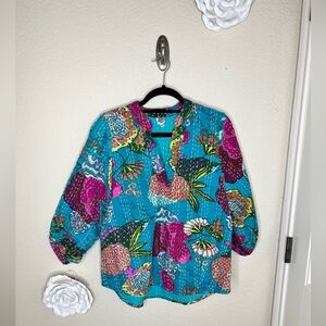 NTM Ivy Jane Kantha Stitch Floral Top Teal Embroidered Pullover 3/4 Sleeve XS
